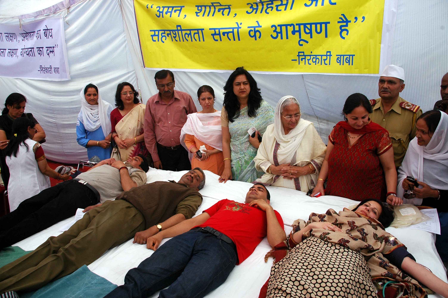 Blood donors during blood donation camp organized by Sant Nirankari Mission at Historical Ridge in Shimla on Sunday.