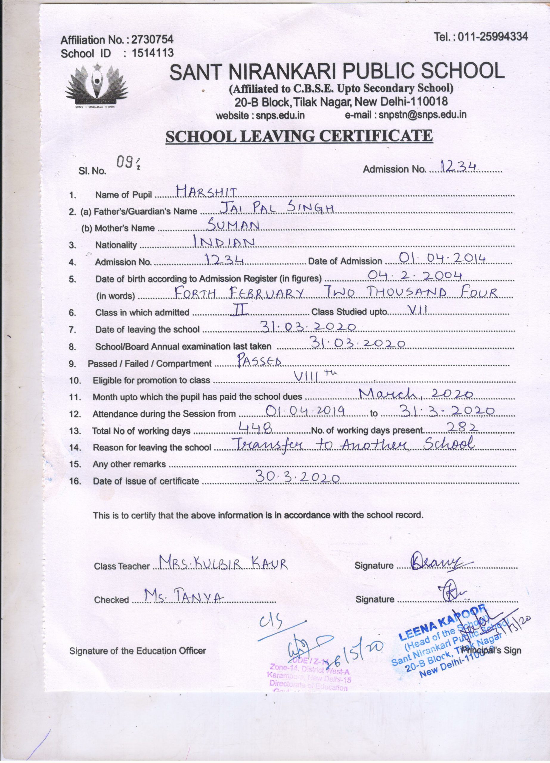 School Leaving Certificate  Tilak Nagar - Sant Nirankari Public In School Leaving Certificate Template